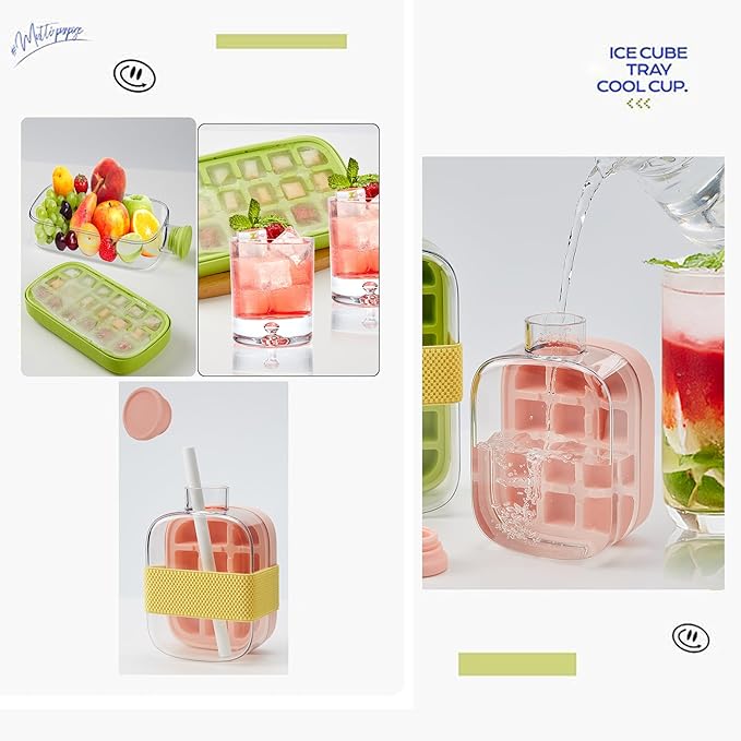 2-in-1 Ice Cube Tray with Water Bottle, Silicone Press Mould, 800ml,