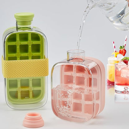 2-in-1 Ice Cube Tray with Water Bottle, Silicone Press Mould, 800ml,