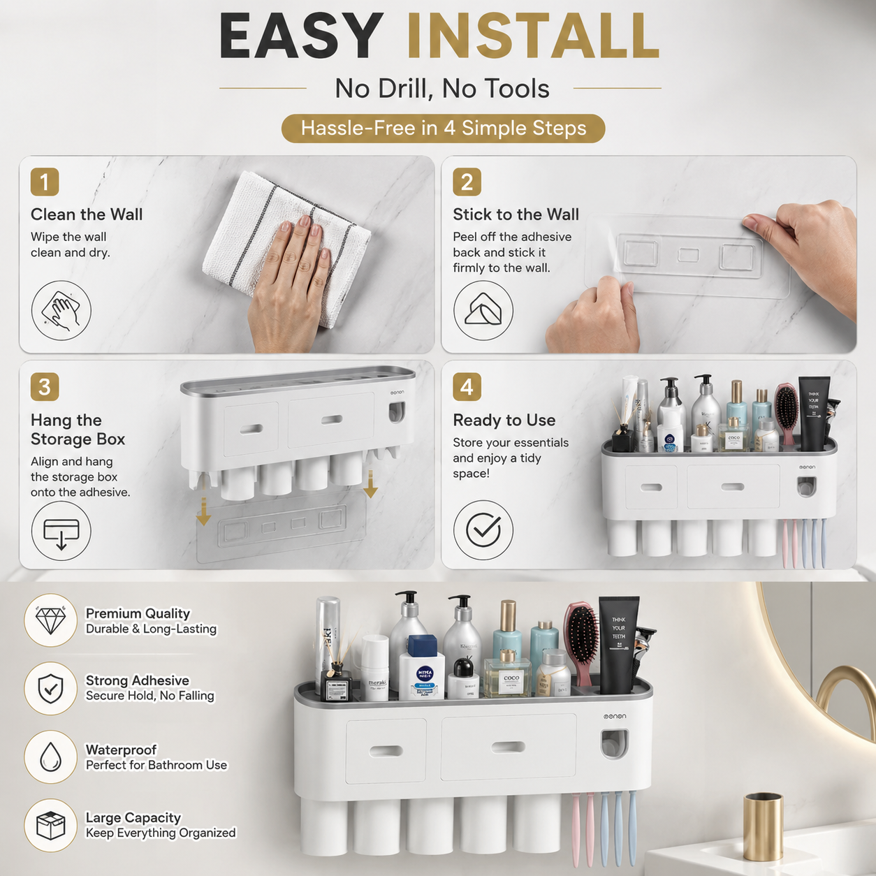 Bathroom Organizer Storage Accessories Wall Mounted Toothbrush Holders with Toothpaste Dispenser