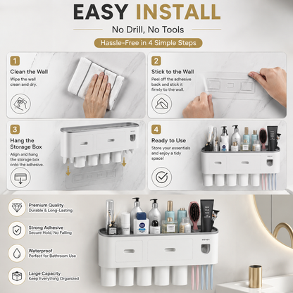 Bathroom Organizer Storage Accessories Wall Mounted Toothbrush Holders with Toothpaste Dispenser