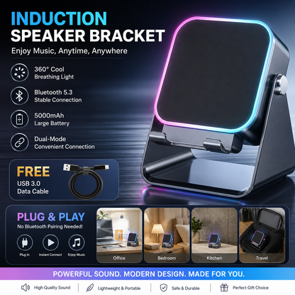 5-in-1 Wireless Induction Speaker Stand | RGB Lights | Stereo Sound | 5000mAh Battery