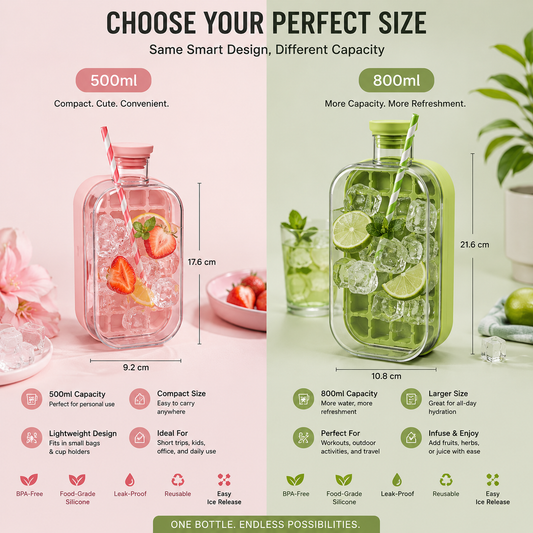 2-in-1 Ice Cube Tray with Water Bottle, Silicone Press Mould, 800ml,