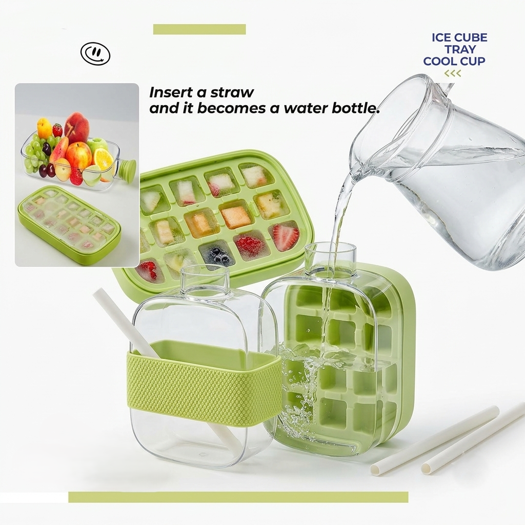 2-in-1 Ice Cube Tray with Water Bottle, Silicone Press Mould, 800ml,