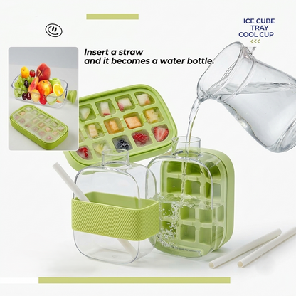 2-in-1 Ice Cube Tray with Water Bottle, Silicone Press Mould, 800ml,