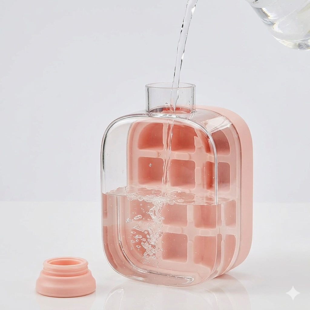 2-in-1 Ice Cube Tray with Water Bottle, Silicone Press Mould, 800ml,
