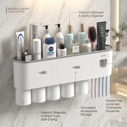 Bathroom Organizer Storage Accessories Wall Mounted Toothbrush Holders with Toothpaste Dispenser