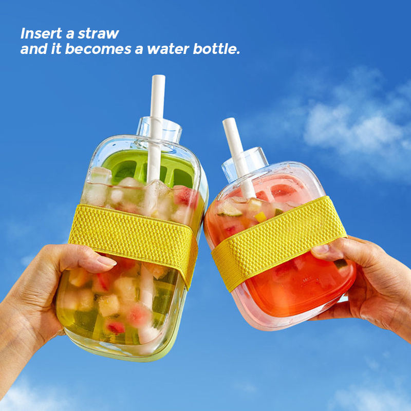 2-in-1 Ice Cube Tray with Water Bottle, Silicone Press Mould, 800ml,